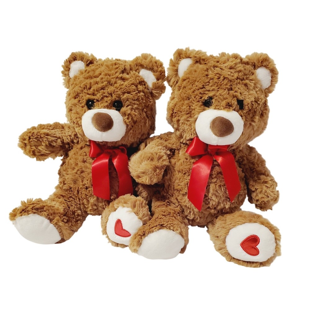 Set of 2 Destination Holiday Brown Plush Teddy Bear Red Bow Heart Paws 10 inch
